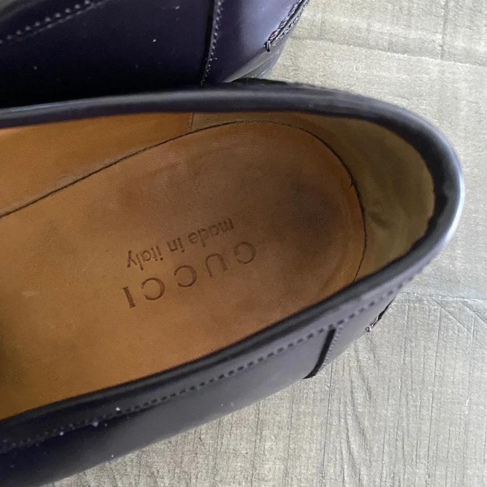 Gucci Mens Horsebit Loafers Dark Purple Leather Classis Dress Shoe Size 10.5